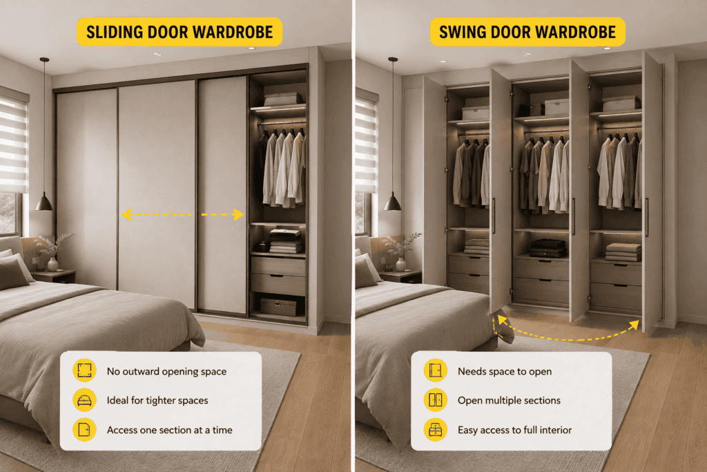 Sliding door vs swing door wardrobe comparison in Malaysia